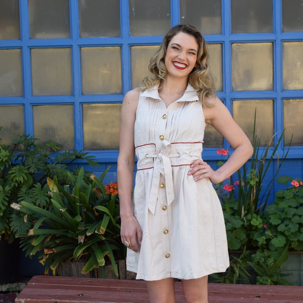Cream/burgundy corset back dress, w gold buttons